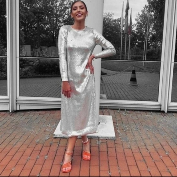 Zara silver sequin long sleeve midi dress size medium - Picture 12 of 14